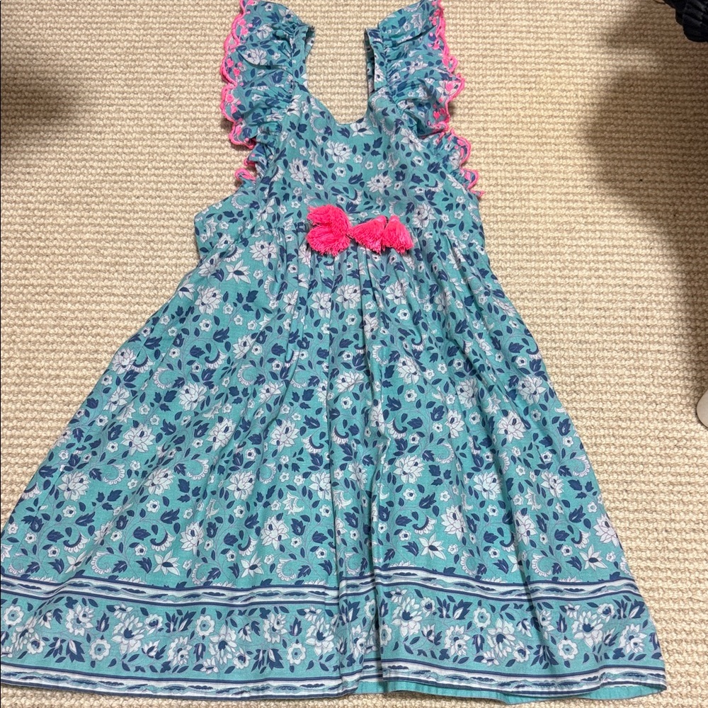 Girls' Teal Floral Sundress with Hot Pink Bow Accent